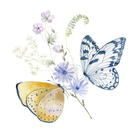 Photo for Watercolor Bouquet with Wildflowers and Butterfly. Design for Card on the white Background. - Royalty Free Image