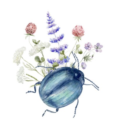 Photo for Watercolor Bouquet with Wildflowers and Beetle. Design for Card on the white Background. - Royalty Free Image