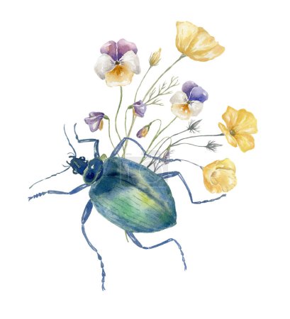 Photo for Watercolor Bouquet with Wildflowers and Beetle. Design for Card on the white Background. - Royalty Free Image