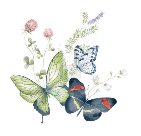 Aquarellstrauß mit Wildblumen und Schmetterling. Design für Karte auf weißem Hintergrund.