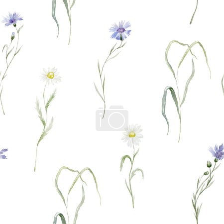 Photo for Watercolor Seamless Pattern with Wildflowers on the White Background. - Royalty Free Image