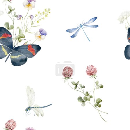 Photo for Watercolor Seamless Pattern with Butterfly and Dragonfly on the White Background. - Royalty Free Image