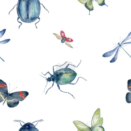 Photo for Watercolor Seamless Pattern with Butterflies and Dragonfly on the White Background. - Royalty Free Image