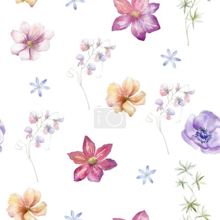 Photo for Watercolor Seamless Pattern with Wildflowers on the White Background. - Royalty Free Image
