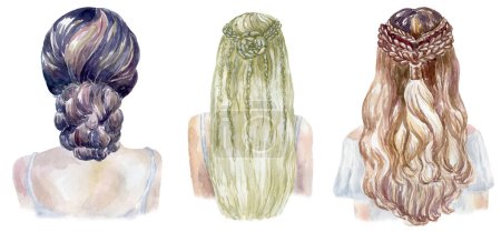 Photo for Set of Watercolor Women Heads with Hairstyling on the White Background. - Royalty Free Image