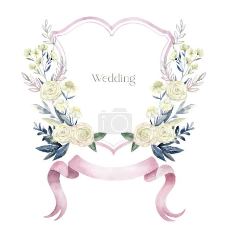 Photo for Watercolor Crest with Rose Flowers on the white Background. Wedding Design. - Royalty Free Image