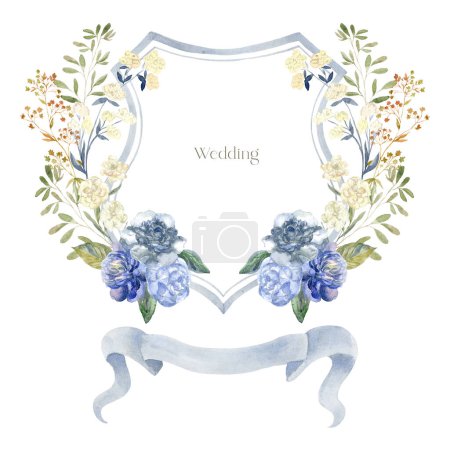 Photo for Watercolor Crest with Peony Flowers on the white Background. Wedding Design. - Royalty Free Image