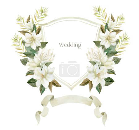 Photo for Watercolor Crest with Magnolia Flowers on the white Background. Wedding Design. - Royalty Free Image