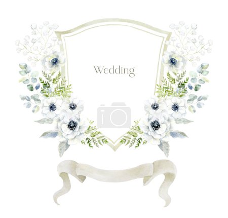 Photo for Watercolor Crest with Anemone Flowers on the white Background. Wedding Design. - Royalty Free Image