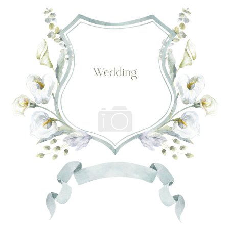 Photo for Watercolor Crest with white Flowers on the white Background. Wedding Design. - Royalty Free Image