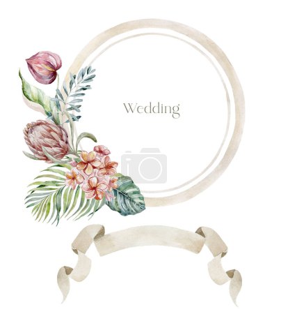 Photo for Watercolor Crest with red Flowers on the white Background. Wedding Design. - Royalty Free Image