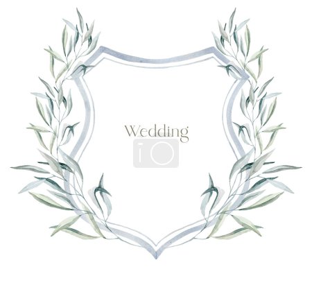 Photo for Watercolor Crest with green Leaves on the white Background. Wedding Design. - Royalty Free Image