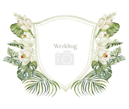 Photo for Watercolor Crest with white Flowers on the white Background. Wedding Design. - Royalty Free Image
