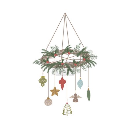 Photo for Christmas Decoration with Toys and Spruce branches. Vector Illustration. - Royalty Free Image