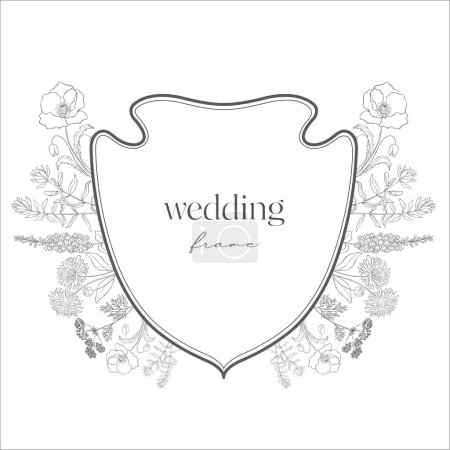 Photo for Wedding Crest with Flowers. Line Art Illustration. - Royalty Free Image