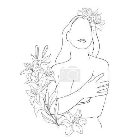 Photo for Line Art Pretty Women with Flowers. Vector Illustration. - Royalty Free Image