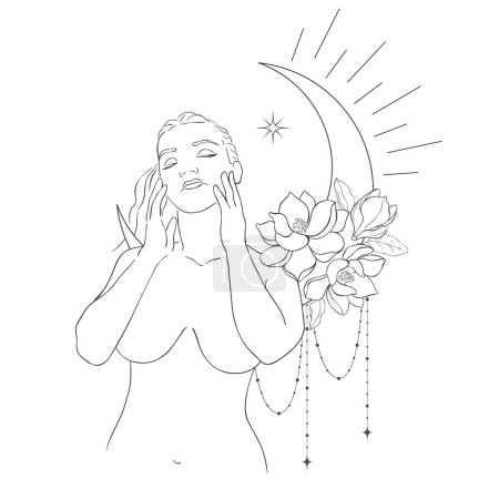 Photo for Line Art Pretty Women with Moon and Flowers. Vector Illustration. - Royalty Free Image
