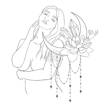 Photo for Line Art Pretty Women with Moon and Flowers. Vector Illustration. - Royalty Free Image