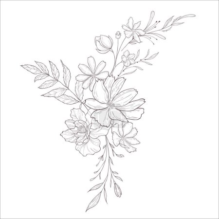 Photo for Wedding Bouquet with Wild Rose. Line Art Illustration. - Royalty Free Image