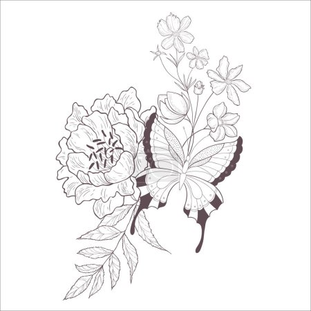 Photo for Wedding Bouquet with Wild rose. Line Art Illustration. - Royalty Free Image