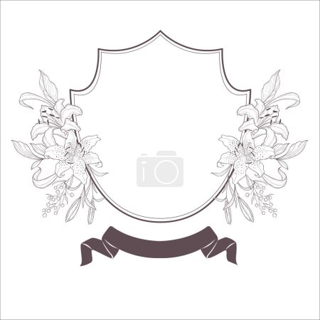 Photo for Wedding Crest with Flowers and Leaves. Line Art Illustration. - Royalty Free Image