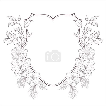 Photo for Wedding Crest with Flowers and Leaves. Line Art Illustration. - Royalty Free Image