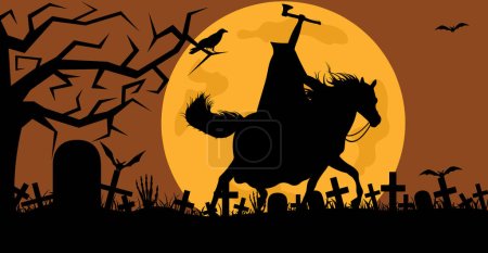 Téléchargez les photos : Illustration d'un cavalier sans tête chevauchant un cheval sur un fond de cimetière - en image libre de droit