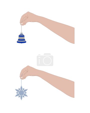 Téléchargez les photos : Illustration des mains tenant cloche de Noël et décorations de flocon de neige isolées sur blanc - en image libre de droit