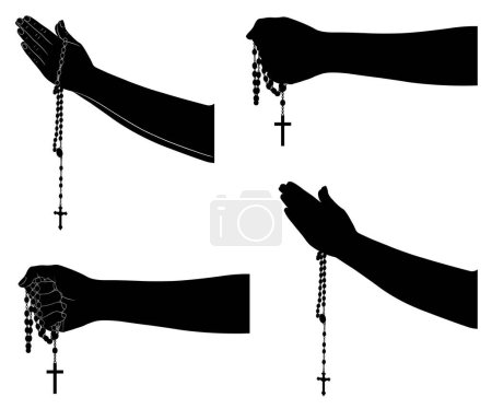 Téléchargez les photos : Illustration des silhouettes des mains tenant le chapelet isolé sur blanc - en image libre de droit