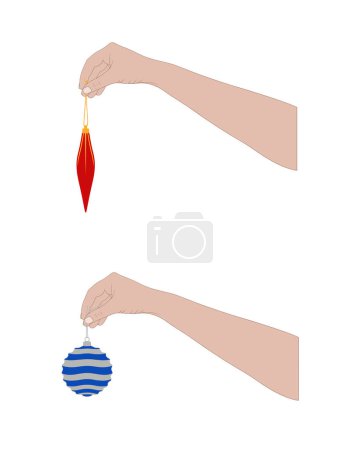 Téléchargez les photos : Illustration de mains rapprochées tenant des ornements de boule de Noël isolés sur du blanc - en image libre de droit