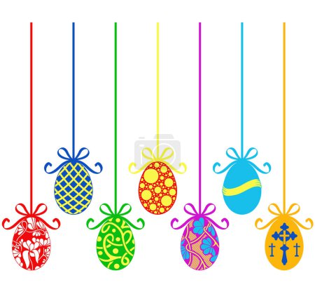 Téléchargez les photos : Collage de différentes décorations d'œufs de Pâques suspendus isolés sur du blanc - en image libre de droit