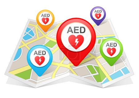 Téléchargez les photos : AED Machine Automated External Defibrillator Pointeur de carte Emplacement Destination sur la carte - en image libre de droit