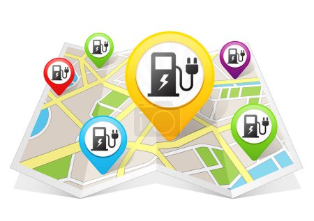 Téléchargez les photos : Borne de recharge de voiture électrique Pointeur de carte Emplacement Destination sur la carte - en image libre de droit
