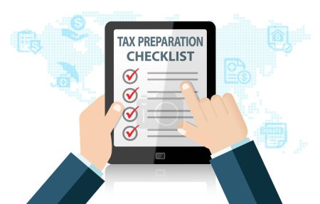 Tax Preparation Checklist on Tablet Infographic. Tax Return Deduction Concept