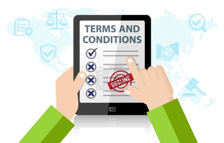Terms and Conditions on tablet Concept Infographic. Legal Notice Form, User Agreement, Registration Process, Website Landing, Corporate Privacy Policy, Information Page