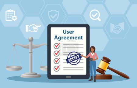 User Agreement on tablet Concept Infographic. Legal Notice Form, Terms and Conditions, Registration Process, Website Landing, Corporate Privacy Policy, Information Page
