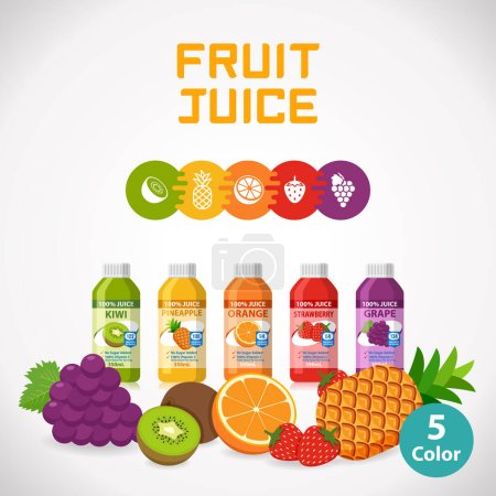 Illustration for Food and Drinks Healthy and Colorful Fruit juice in plastic bottle. Kiwi Pineapple Orange Strawberry Grape - Royalty Free Image