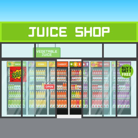 Ilustración de Tienda de Jugo Vegetal. Nevera con bebidas vegetales. Brócoli Zanahoria Maíz Tomate Remolacha - Imagen libre de derechos
