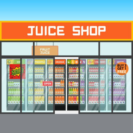 Ilustración de Tienda de Jugo de Fruta. Nevera con bebidas vegetales. Kiwi Piña Naranja Fresa Uva - Imagen libre de derechos