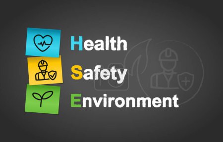 Ilustración de HSE Health Safety Environment Management Post It Notes Concept Background for business and organization. Standard Safe Industrial Work - Imagen libre de derechos