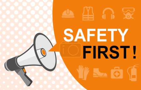 Illustration for Occupational Work Safety and Health First Promotion with personal protective equipment. Megaphone Loudspeaker with Speech bubble banner. Slogan Label for business marketing and advertising - Royalty Free Image