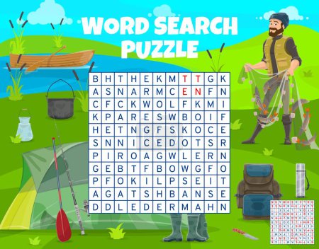 Illustration for Fishing sport and camping, word search puzzle game worksheet, vector kids quiz. Game grid riddle to search word of fisher rod, paddle boat or backpack and knife, camping tent and boots with - Royalty Free Image