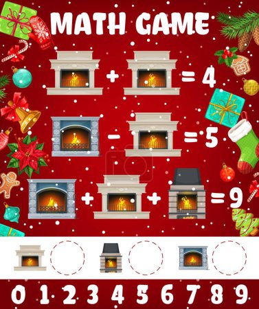 Illustration for Christmas fireplaces and hearth math game worksheet. Vector educational riddle for children with christmas tree, gifts, fireplace and sock, cookies and xmas decor. Learn to count mathematics task - Royalty Free Image