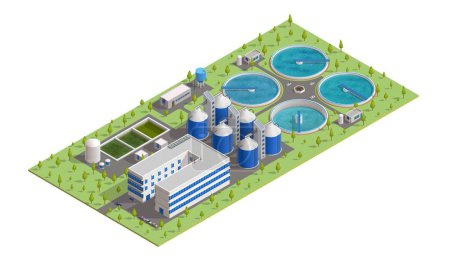 Illustration for Isometric treatment plant. Sewage and wastewater filtration, purification, aeration and settling tanks. Vector facilities of waste water cleaning station with tanks, pipes, pumps and water towers - Royalty Free Image