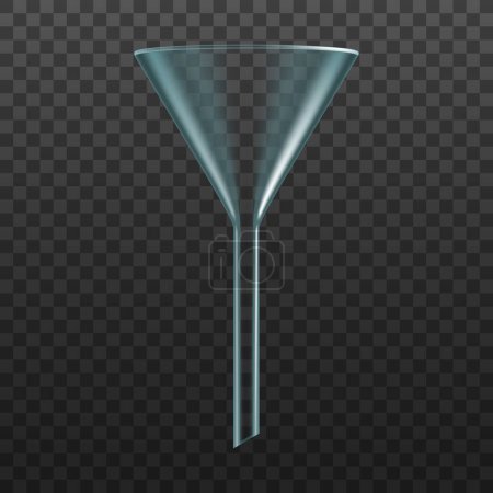 Illustration for Isolated glass funnel, laboratory glassware or lab test equipment, realistic vector. Transparent glass funnel or plastic filter, chemistry laboratory experiment tube or filtration volumetric cylinder - Royalty Free Image