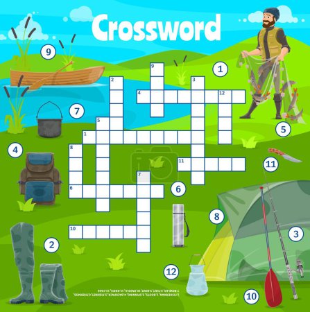 Illustration for Fishing sport and camping items crossword puzzle quiz game grid worksheet. Cartoon vector fisherman, boots, spinning, backpack, fishnet and bowler, tent, boat, paddle and knife, cage - Royalty Free Image