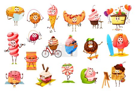 Illustration for Cartoon sweets, candy, dessert, cookie and bakery characters. Vector pancake and ice cream, croissant, muffin and pie, pudding, caramel, meringue, waffle, donut and macaroon, cupcake and toffee - Royalty Free Image