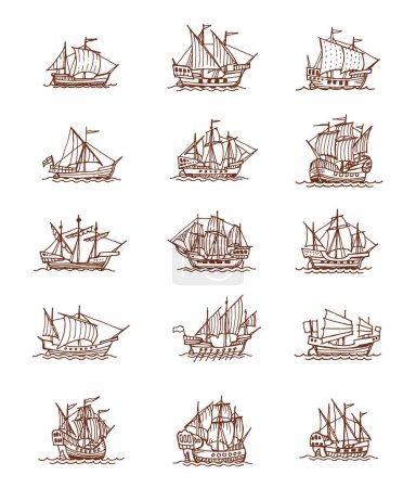 Illustration for Isolated vintage sail ships and sailboats. Old vessel sketches of ancient nautical map. Vector sailing boats and ships, old caravels, antique galleons, yacht and frigates with sea waves, sails, ropes - Royalty Free Image