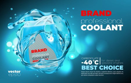 Coolant bottle, car engine antifreeze. Car coolant bottle or canister realistic banner or promo backdrop, vehicle engine service, automobile cooling fluid container ad vector poster with liquid splash
