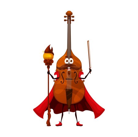 Cartoon wizard contrabass or double bass character. Isolated vector musical string instrument making spell. Magician in cape, musician wizard personage with magic staff